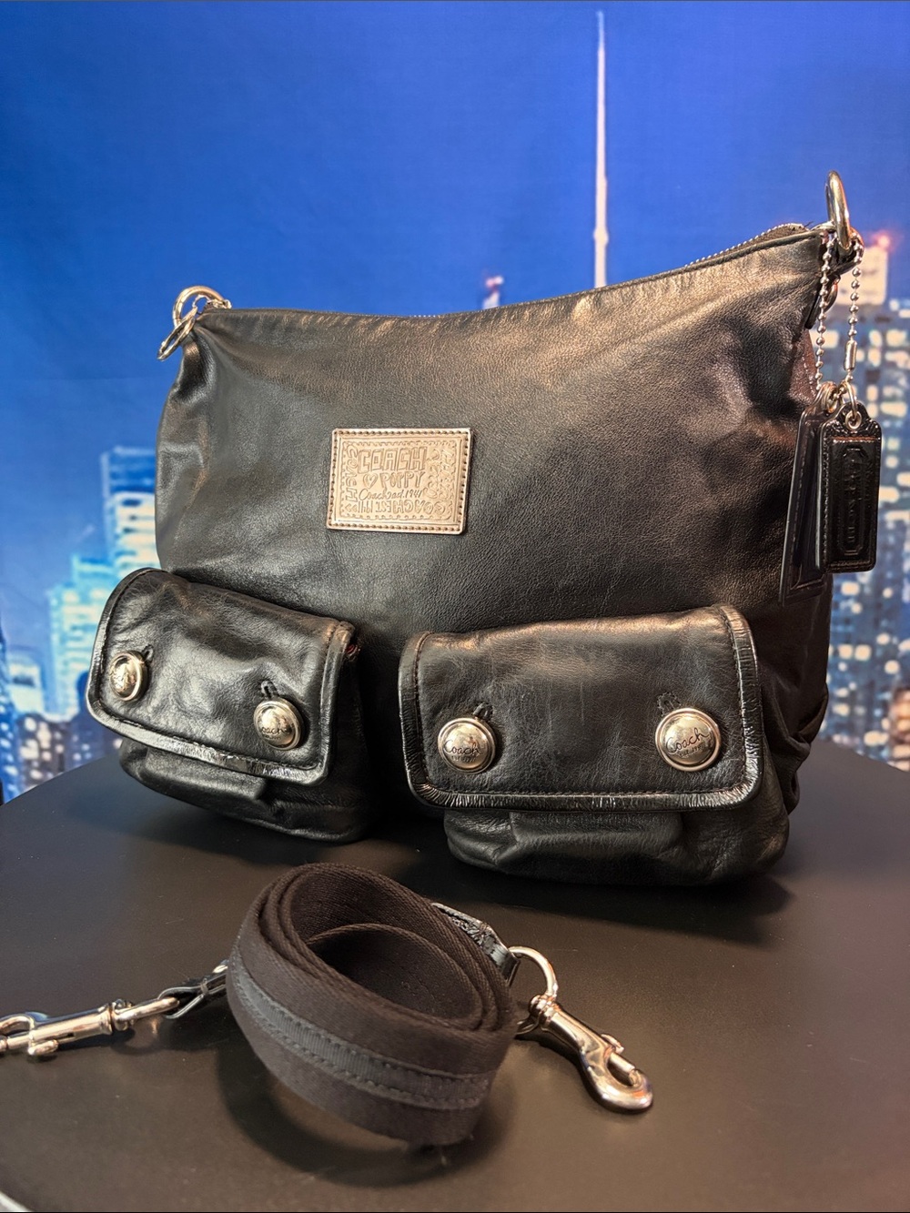 Coach Poppy Black Leather Messenger Bag with Front Pockets